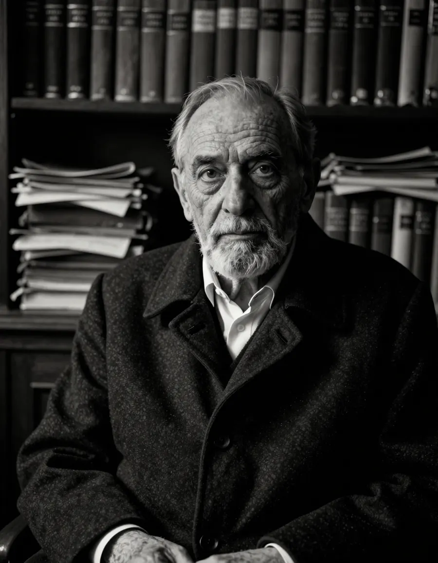 Retrato em preto e branco de um homem idoso de barba branca diante de uma estante de livros antigos.